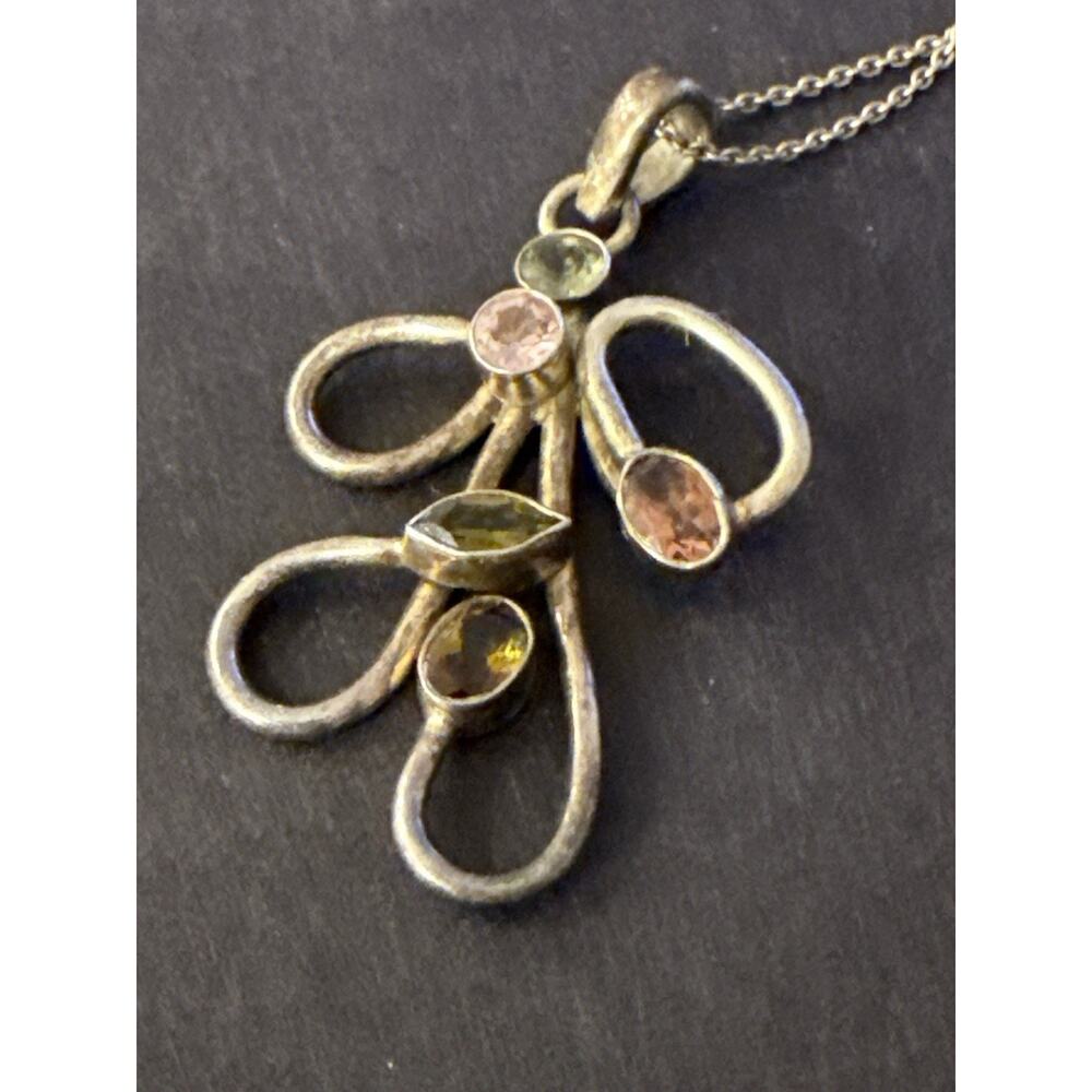 VTG Sterling Silver 925 Pendant Necklace Multi Stone Abstract Ribbon Design